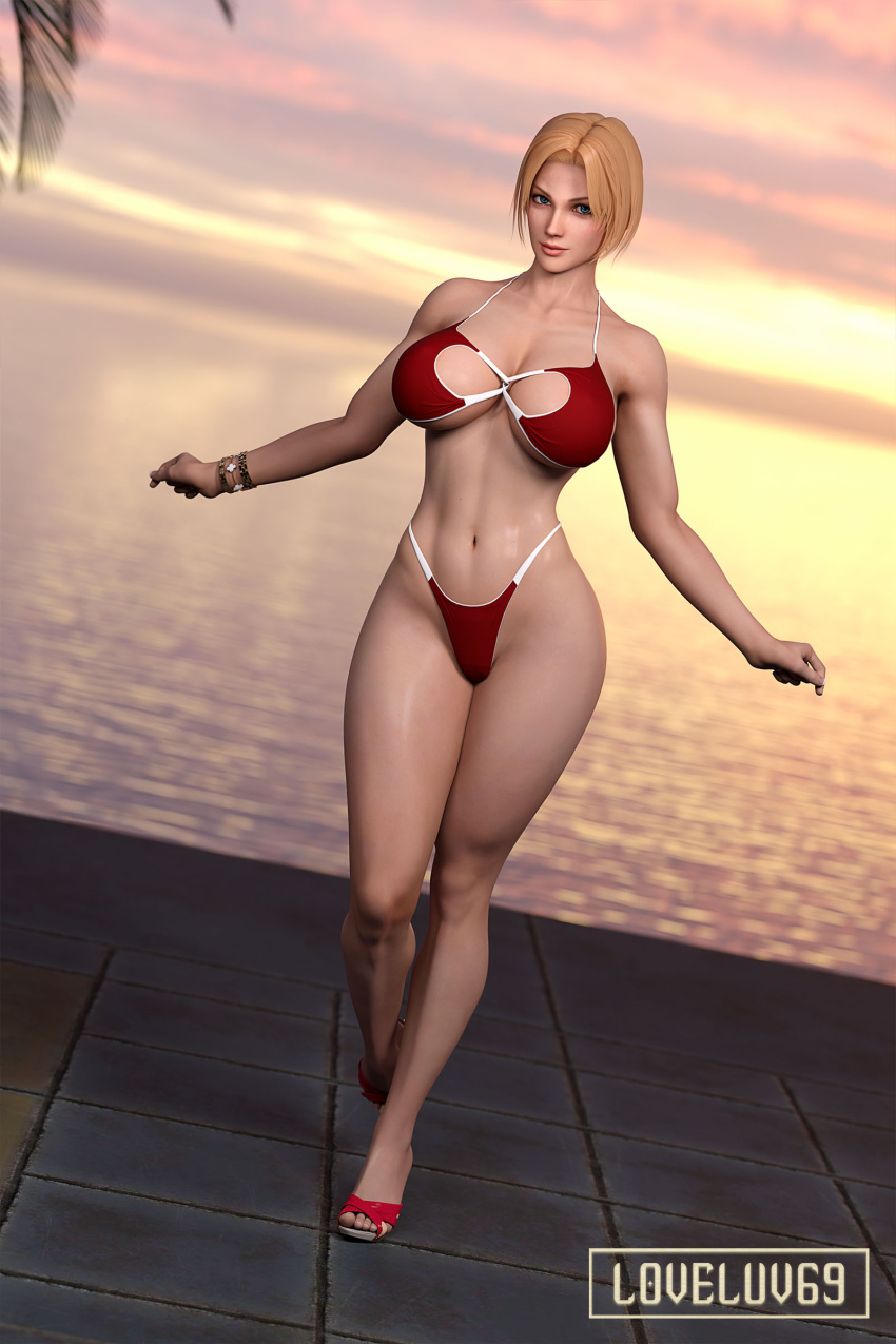 1girl 2022 3d alluring athletic_female beach big_breasts bikini blonde_hair blue_eyes cleavage daz_studio dead_or_alive female_abs fit_female looking_at_viewer loveluv69 sandals seaside short_hair swimming_pool tecmo tina_armstrong voluptuous