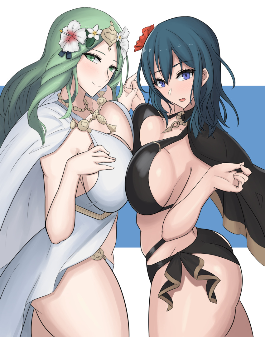 2_girls alluring ass big_breasts black_bikini black_swimsuit blue_eyes blue_hair breasts byleth_(female) byleth_(fire_emblem) cape female_only fire_emblem fire_emblem:_three_houses fire_emblem_heroes green_eyes green_hair long_hair nintendo ogura_(take-monhan) rhea_(fire_emblem) rhea_(summer)_(fire_emblem) rhealeth swimsuit symmetrical_docking teal_hair white_bikini white_swimsuit yukkurikokura yuri