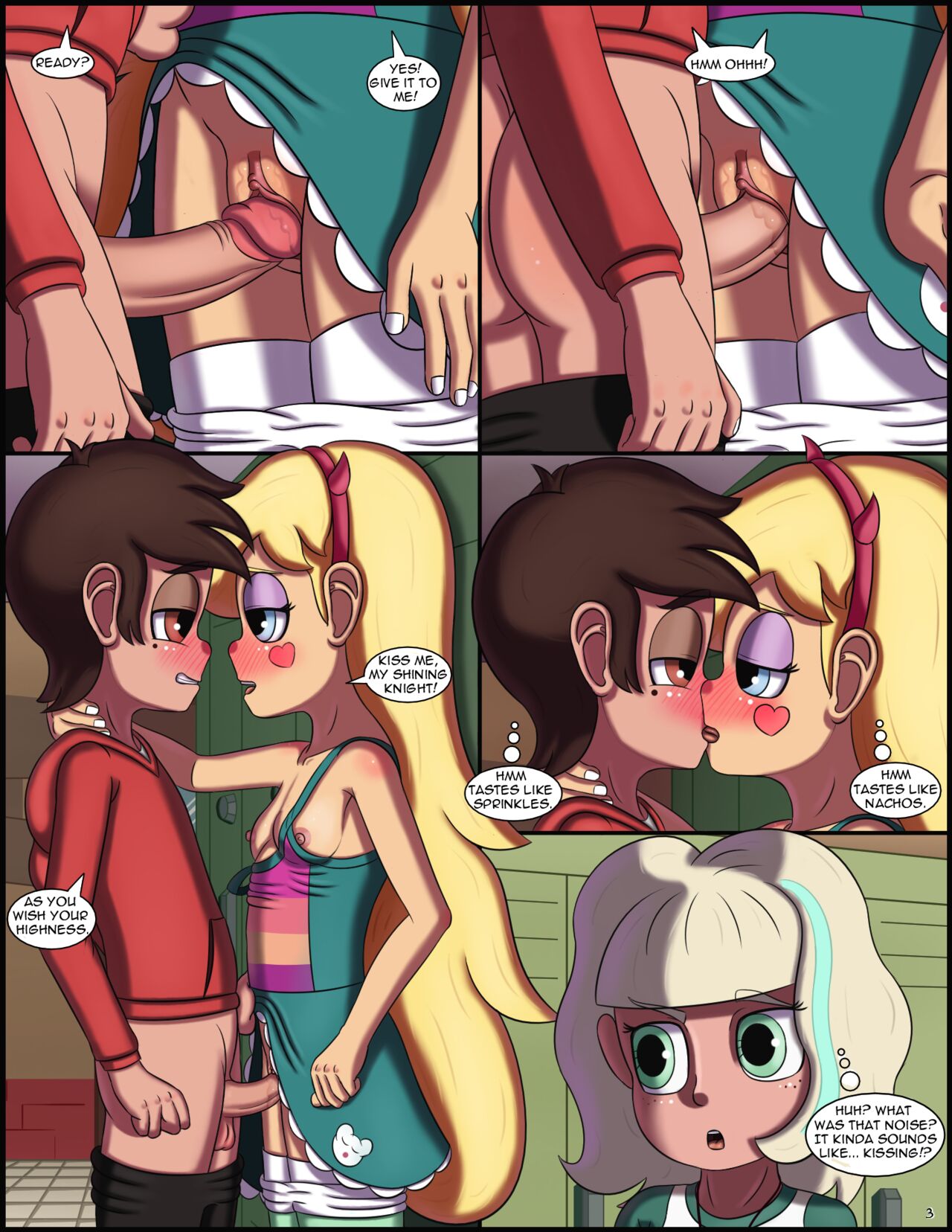 1boy 1girl 2_girls blonde_hair blue_eyes breasts brown_eyes brown_hair canon_couple comic french_kiss green_eyes horns jackie_lynn_thomas male marco_diaz nipples penis penis_in_pussy pussy sex star_butterfly star_vs_the_forces_of_evil vaginal vaginal_penetration vaginal_sex