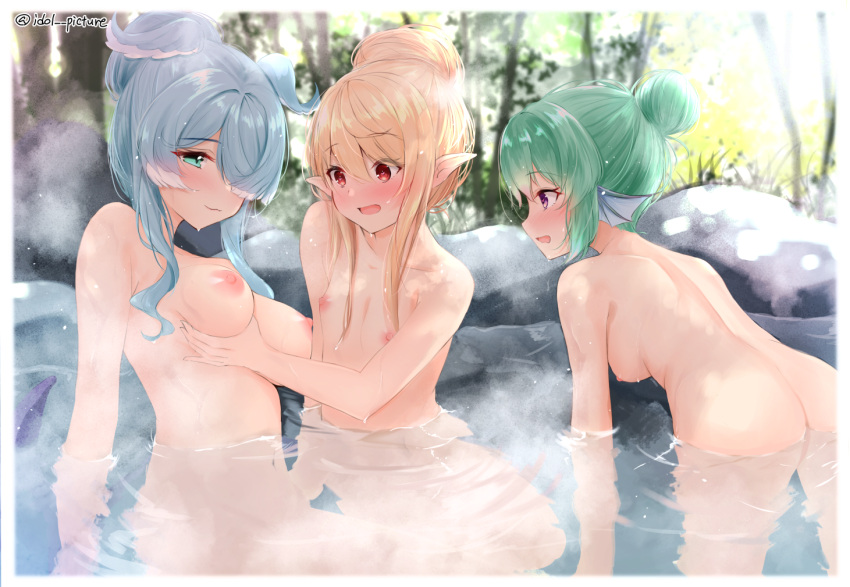 3_girls all_fours ass back big_breasts blonde_hair blue_eyes blue_hair blush border breast_envy breasts closed_mouth colored_tips commentary_request completely_nude elira_pendora ex_idol finana_ryugu fins grabbing grabbing_another's_breast green_hair hair_bun hair_over_one_eye head_fins head_wings lazulight light_blue_hair long_hair looking_at_another looking_at_viewer median_furrow medium_breasts multicolored_hair multiple_girls nijisanji nijisanji_en nipples nude one_eye_covered onsen open_mouth partially_submerged pointy_ears pomu_rainpuff red_eyes rock sidelocks small_breasts steam twitter_username virtual_youtuber water wet white_border wings yuri