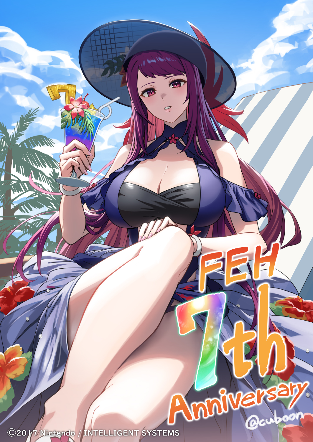 1girl alluring alternate_costume anniversary bare_legs bare_shoulders big_breasts bikini black_headwear blue_bikini breasts casual_one-piece_swimsuit cleavage cuboon cup dress_swimsuit drinking_glass drinking_straw english_text female_focus fire_emblem fire_emblem_engage fire_emblem_heroes flower hat high_res holding holding_cup ivy_(fire_emblem) ivy_(summer)_(fire_emblem) long_hair looking_at_viewer matching_hair/eyes mole mole_under_mouth nintendo official_alternate_costume official_art one-piece_bikini one-piece_swimsuit parted_lips purple_eyes purple_hair see-through swimsuit tropical_drink twitter_username
