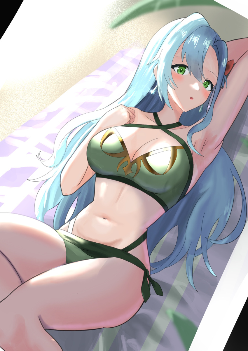 1girl 1girl 1girl absurd_res alluring alternate_costume aqua_hair bare_shoulders big_breasts bikini chloe_(fire_emblem) cleavage female_only fire_emblem fire_emblem_engage green_bikini green_eyes green_swimsuit high_res long_hair looking_at_viewer navel nintendo smile swimsuit tarutaru193 teardrop_earrings