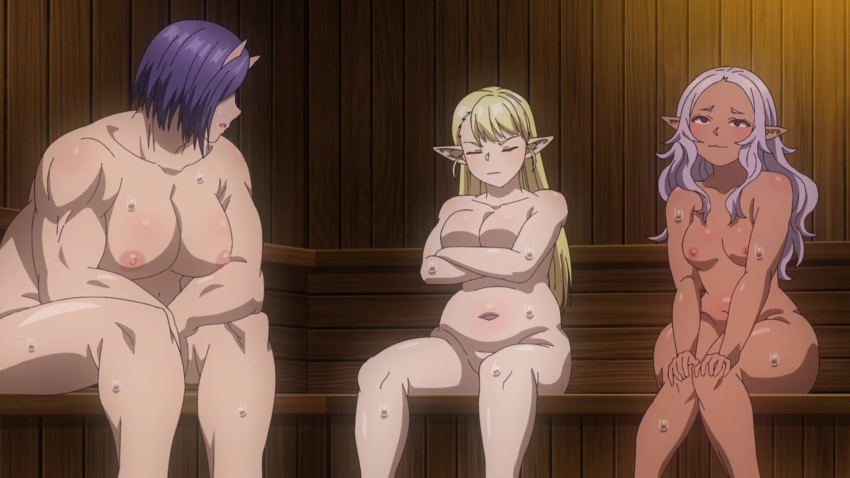 1girl 2girls 3girls anime_screenshot big_breasts big_butt blonde_hair bubble_butt butt_crack completely_nude_female curvy curvy_figure cuvaceous dark-skinned_female dark_elf dark_purple_hair dark_skin elf elf-san_wa_yaserarenai elf_female elfuda fat_ass female horns huge_butt kuroeda light_purple_hair long_hair muscle_girl naked nude oga ogre plump plus-sized_elf pointy_ears purple_hair sauna sitting_on_towel steam tagme thick_thighs thighs voluptuous voluptuous_female wide_hips