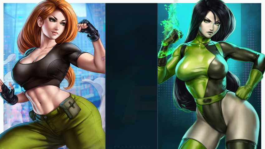 1girl 2_girls abs action_pose aged_up alluring athletic_female big_breasts big_breasts black_hair breasts child_bearing_hips clothed clothing dandon_fuga disney female_abs female_focus female_only fingerless_gloves fit_female ginger_hair gloves green_eyes green_skin hips kim_possible kimberly_ann_possible leotard long_hair looking_at_viewer mature mature_female pants pin_up shego smile stockings thick_thighs thighs tight_clothes tight_clothing tight_fit tight_leotard toned toned_female