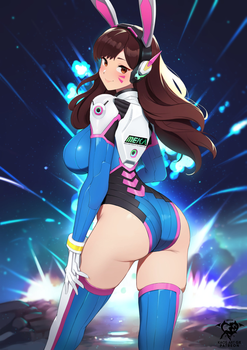 1girl 1girl absurd_res adapted_costume alluring animal_ears artist_logo artist_name ass breasts brown_eyes brown_hair closed_mouth commentary d.va d.va_(overwatch) explosion facial_mark fake_animal_ears from_behind gloves high_res kaos_art leotard lips logo long_hair long_sleeves looking_at_viewer looking_back medium_breasts night night_sky outside overwatch patreon_username shiny_skin skin_tight sky smile stockings thighs white_gloves