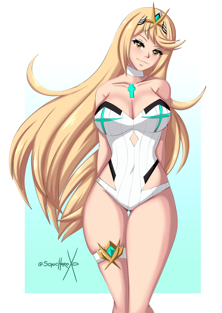 1girl alluring bare_legs big_breasts bikini blonde_hair cleavage female_only mythra nintendo one-piece_bikini pin_up sonicheroxd swimsuit xenoblade_(series) xenoblade_chronicles_2 yellow_eyes