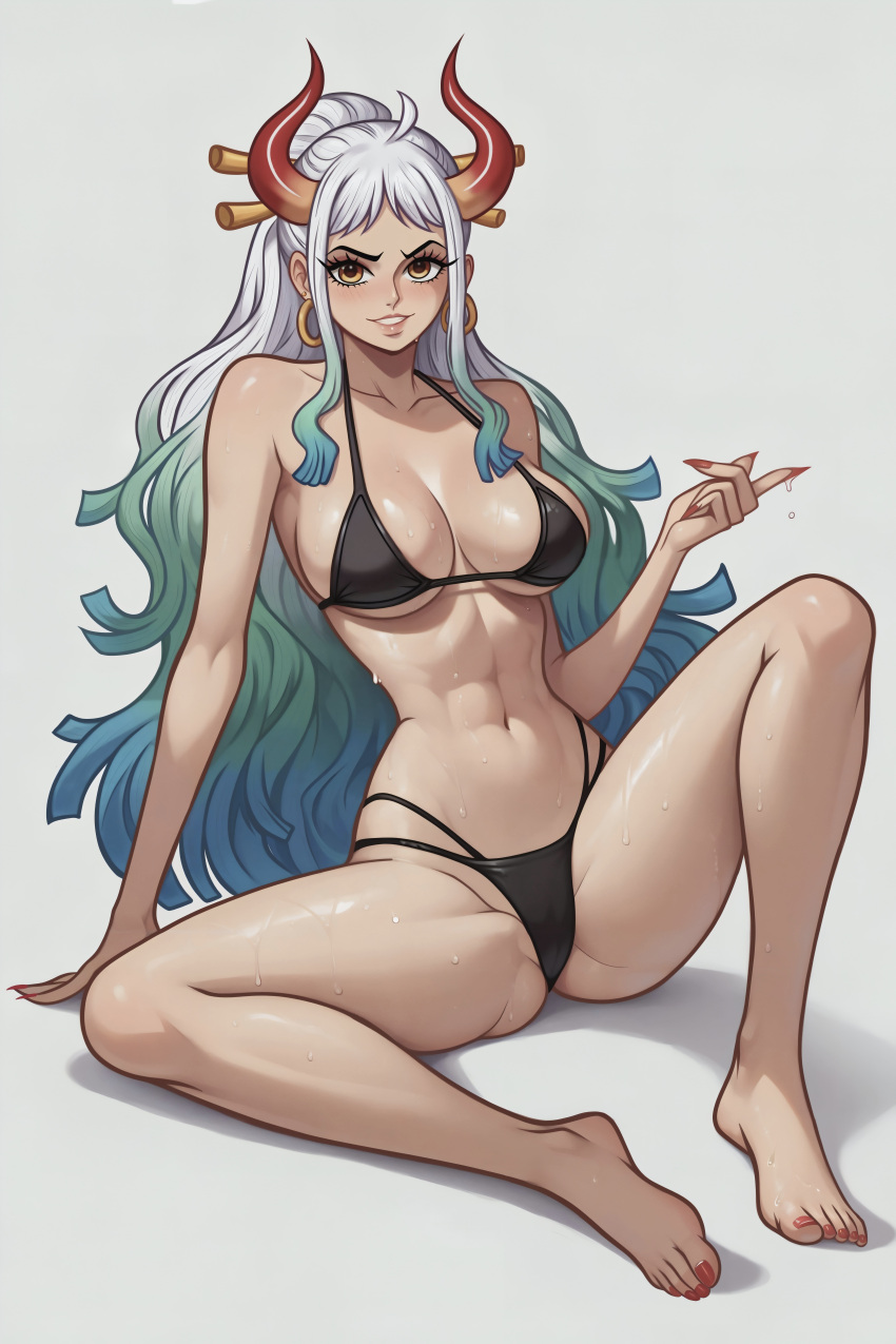 1girl big_ass big_breasts bikini blue_hair cute earrings green_hair horns long_hair posing prixmal seductive spread_legs white_hair yamato_(one_piece)