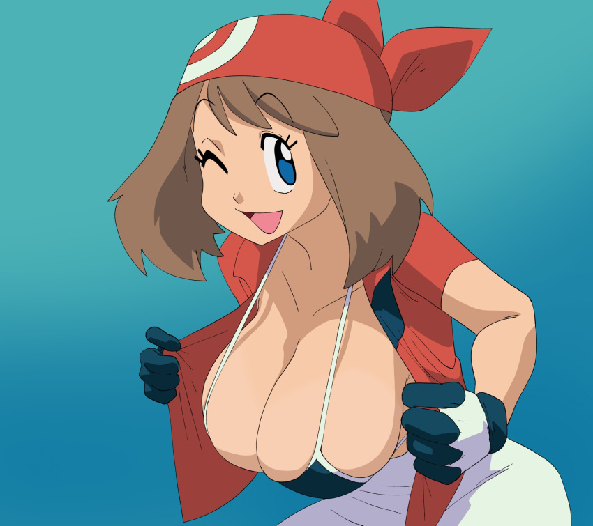 1girl 1girl 1girls bandana big_breasts big_breasts blue_eyes bra breasts brown_hair brunette coolerinker female_only gloves huge_breasts inker_comics inkershike may_(pokemon) may_(pokemon_rs) nintendo pokemon pokemon_rse red_bandana solo_female solo_focus swimsuit track_suit