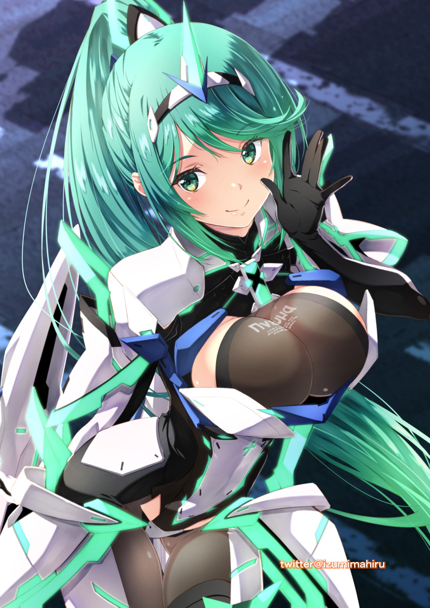 1girl 1girl alluring big_breasts blush bodysuit commentary_request gloves green_eyes green_hair high_res izumi_mahiru long_hair pneuma_(xenoblade) smile swept_bangs tiara very_long_hair xenoblade_(series) xenoblade_chronicles_2