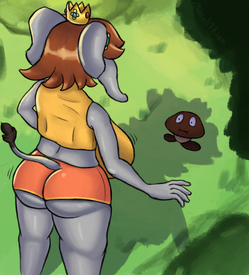 1girl 1girls 1other 2023 anthro anthrofied ass breasts clothing crown dominant_anthro elephant elephant_daisy elephant_tail elephant_trunk female_focus giantess goomba grass_field height_difference huge_ass huge_breasts mario_(series) moonlitesau nintendo outside princess_daisy standing super_mario_bros._wonder suprised_look tall_female