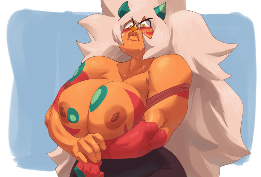 1girl 1girls angry bare_shoulders big_breasts big_breasts black_pants breast_press breasts_out_of_clothes cartoon_network coolerinker gem_(species) high_res inker_comics inkershike jasper_(steven_universe) long_hair muscular_female nipples orange_eyes orange_skin pressing_breasts_together simple_background steven_universe sweat thick_lips white_hair