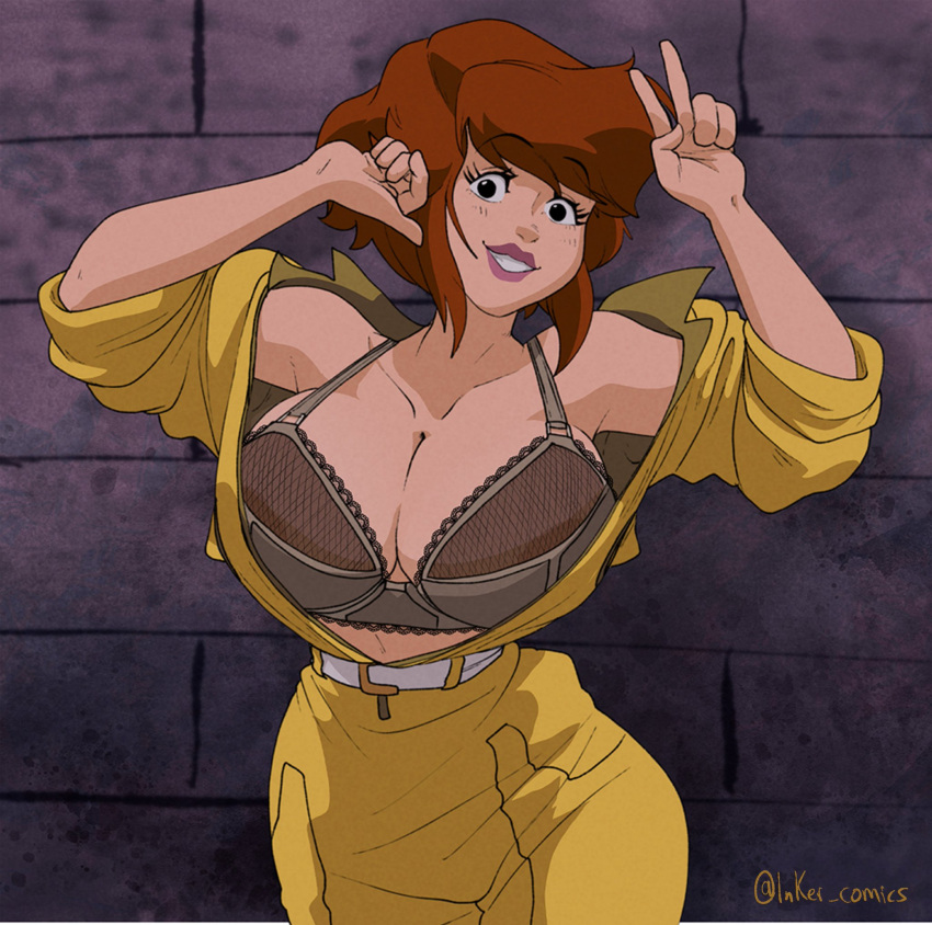 1girl 1girls april_o'neil april_o'neil_(tmnt_1987) belt big_breasts bra breasts cleavage clothed exposed_breasts female_only freckles grey_bra huge_breasts inker_comics inkershike jumpsuit open_clothes open_shirt picot_trim picot_trim_bra red_hair short_hair solo_female teenage_mutant_ninja_turtles teenage_mutant_ninja_turtles_(1987) tmnt tmnt_1987 top_heavy yellow_jumpsuit