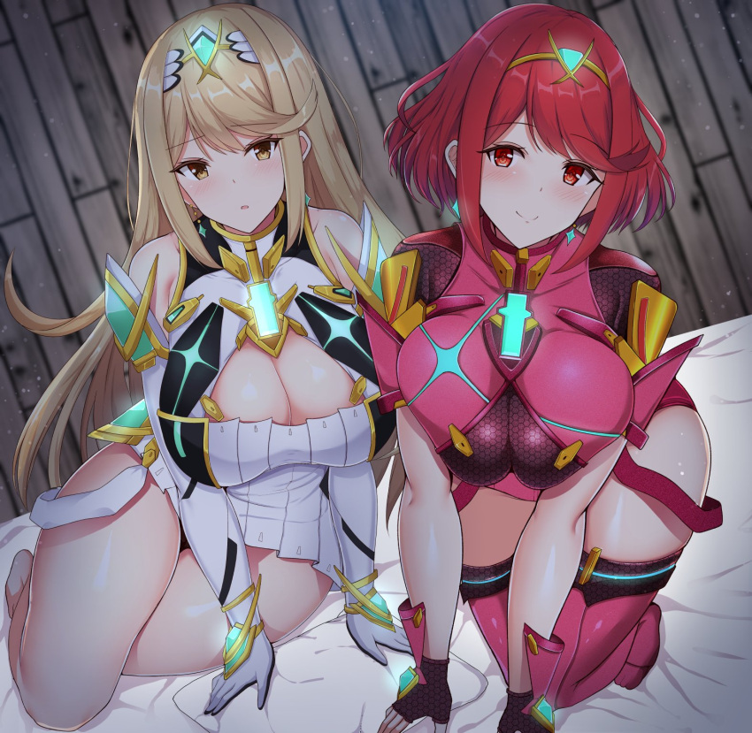 1girl 2_girls alluring bangs big_breasts blonde_hair blush cleavage cleavage_cutout dress earrings elbow_gloves female_only fingerless_gloves gloves hair_ornament jewelry long_hair looking_at_viewer multiple_girls mythra nintendo noeomi on_bed pyra red_eyes red_hair short_hair swept_bangs thighs xenoblade_(series) xenoblade_chronicles_2 yellow_eyes