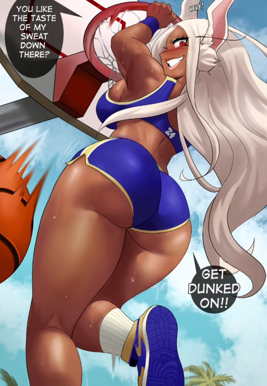 1girl alluring arms ass ass_focus basketball biceps big_ass booty_shorts breasts bubble_butt bunny_ears bunny_girl caption dark-skinned_female dark_skin dat_ass echosaber from_behind from_below highres long_hair looking_at_viewer looking_back mirko miruko_(my_hero_academia) muscle muscular_female my_hero_academia nike non-nude outside presenting red_eyes round_ass rumi_usagiyama sexy shoes short_shorts shorts sideboob sleeveless slut smile sneakers sports_bra standing sweat tan text thick_thighs toned usagiyama_rumi white_hair wide_hips wristband