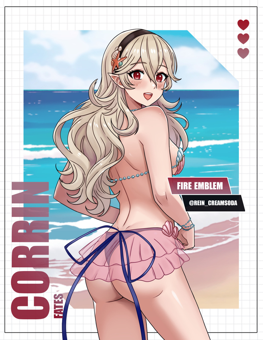 1girl alluring bare_legs big_breasts bikini corrin_(fire_emblem) corrin_(fire_emblem)_(female) corrin_(summer)_(fire_emblem)_(female) female_only fire_emblem fire_emblem_fates fire_emblem_heroes human magenta_eyes nintendo pin_up rein_creamsoda seashell_bikini shell_bikini silver_hair tagme white_skin