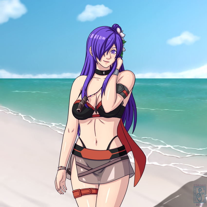 1girl alluring beach big_breasts blue_sky cleavage fire_emblem fire_emblem_heroes nintendo ocean pin_up purple_eyes shez_(fire_emblem) sokloeum