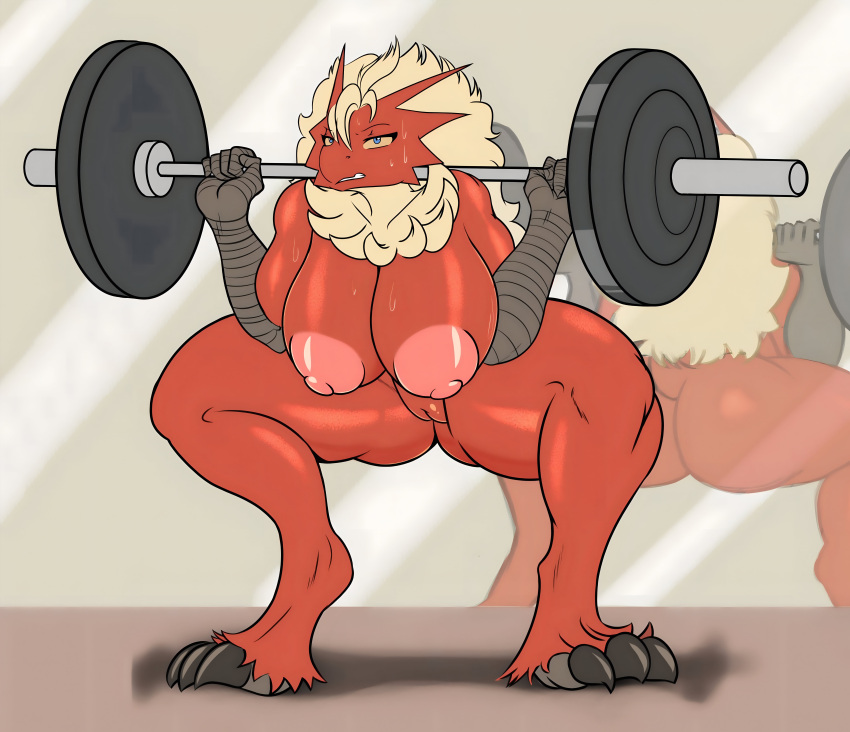 1girl avian big_ass big_breasts blaziken cute long_hair mirror muscular_female red_skin seductive seii3 small_tail tired_eyes workout yellow_hair