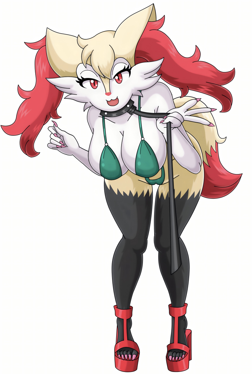 1girl big_ass big_breasts bikini braixen collar cute fluffy_tail long_ears platform_shoes posing red_hair_ears satosatori seductive white_skin yellow_skin