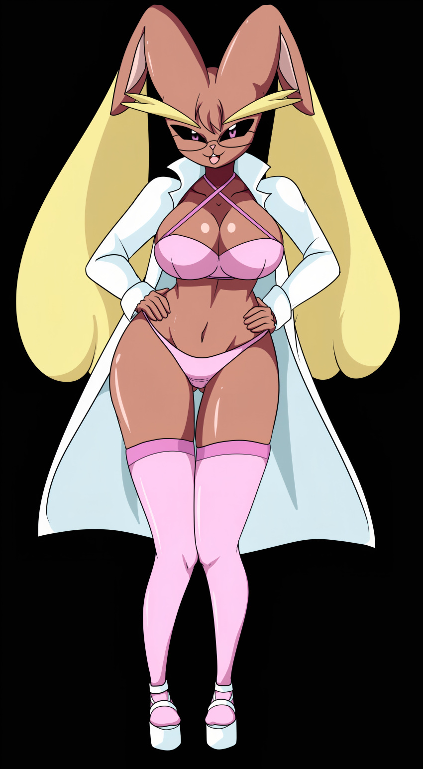 1girl big_ass big_breasts brown_skin bunny cute frank_vector glasses lingerie long_ears miss_lopunny_(frank_vector) pink_lingerie platform_shoes posing rabbit seductive thighs