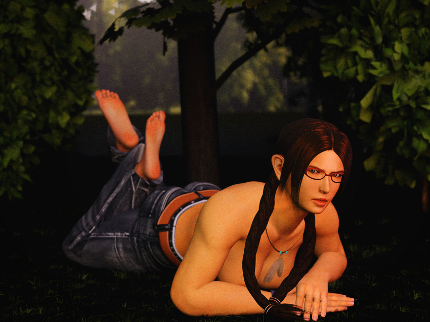 1girls 3d ass bangs barefoot big_breasts blender braid brown_eyes brown_hair cleavage feet forsavide glasses jeans julia_chang looking_at_viewer lying lying_on_stomach namco soles tekken tekken_4 the_pose toes topless