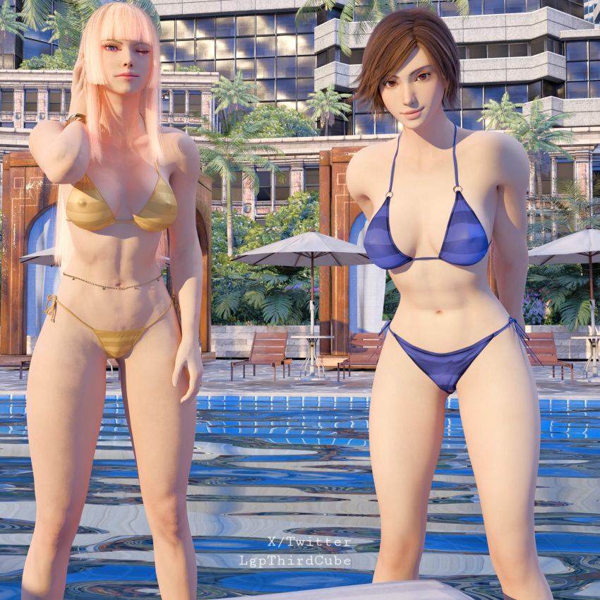 2_girls alluring athletic_female big_breasts bikini blonde_hair blue brown_eyes brown_hair cleavage emilie_de_rochefort eyes female_abs fit_female kazama_asuka lgpthirdcube looking_at_viewer medium_breasts namco swimming_pool swimsuit tekken tekken_8 twitter winking_at_viewer