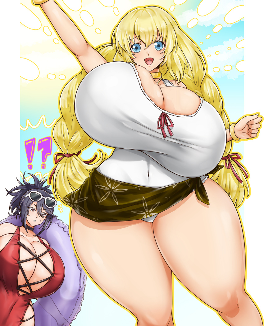 2_girls alternate_breast_size big_breasts black_hair blonde_hair blue_eyes breasts cleavage colette_brunel enormous_breasts fujibayashi_sheena gigantic_breasts happy hips huge_breasts huge_hips huge_thighs long_hair looking_at_viewer massive_breasts sheena_fujibayashi tales tales_of_(series) tales_of_symphonia thick_thighs thighs wide_hips