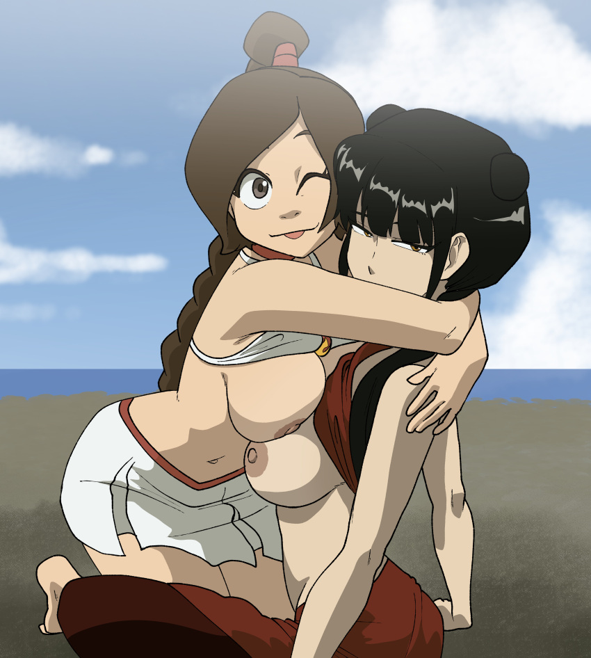 2_girls :p absurd_res arm_support asian_female asymmetrical_docking avatar:_the_last_airbender barefoot beach big_breasts big_breasts big_breasts bikini bikini_top_lift black_hair blunt_bangs braid breasts_on_breasts breasts_out breasts_together breasts_touching brown_hair casual_nudity choker coolerinker dark_nipples day deadpan exposed_breasts female_only fire_nation friends full_body glare glomp grey_eyes happy huge_breasts hugging inker_comics inkershike light-skinned_female long_hair looking_at_viewer mai_(avatar) multiple_girls nude_female outdoor_nudity outside playful sitting_on_ground skorts swept_bangs swimsuit swimsuit_lift tongue tongue_out top_lift twin_tails ty_lee wholesome winking yellow_eyes