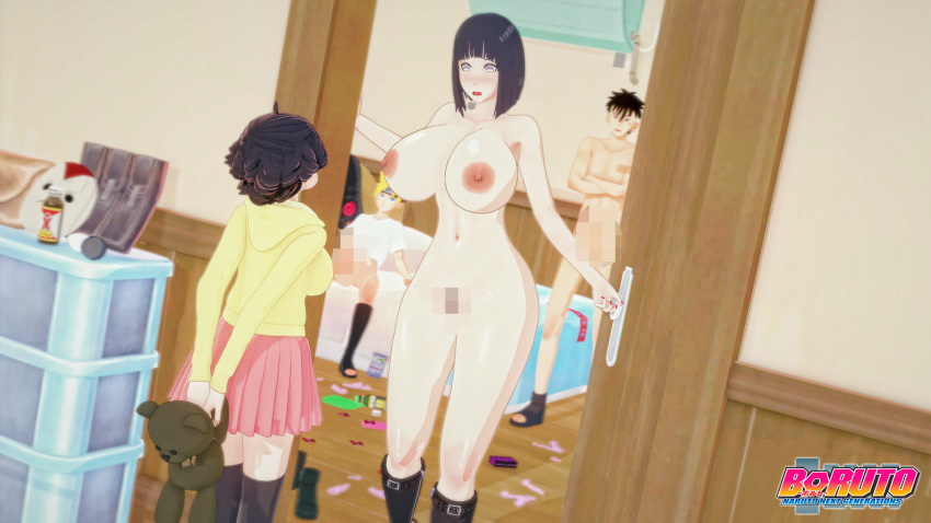 3d after_sex age_difference big_breasts black_hair boruto:_naruto_next_generations breasts censored danp3d group_sex hinata_hyuuga incest medium_hair miniskirt naruto naruto_(series) nude orgy pink_skir short_hair skirt uzumaki_boruto uzumaki_himawari