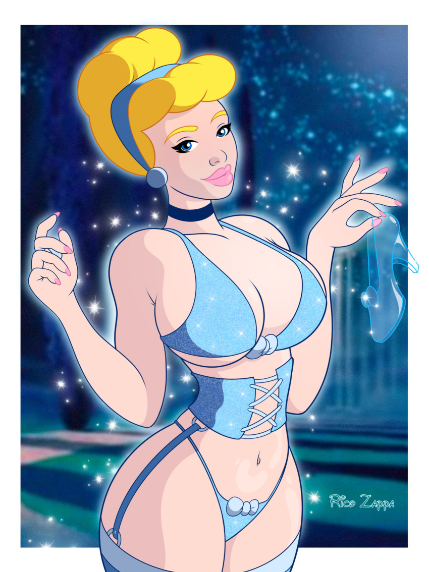 big_breasts blonde_hair blue_eyes bra breasts bustier choker cinderella cinderella_(1950_film) cinderella_(disney) disney disney_princess earring glass_slipper looking_at_viewer panties princess_cinderella ricozappa