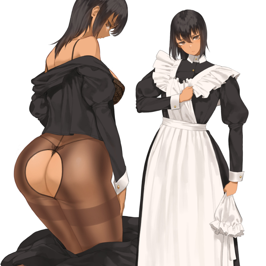 1girl big_breasts bubble_butt cleavage dark-skinned_female horny inviting_to_sex looking_at_viewer maid maid_uniform pose stockings teasing thick_thighs throtem undressing