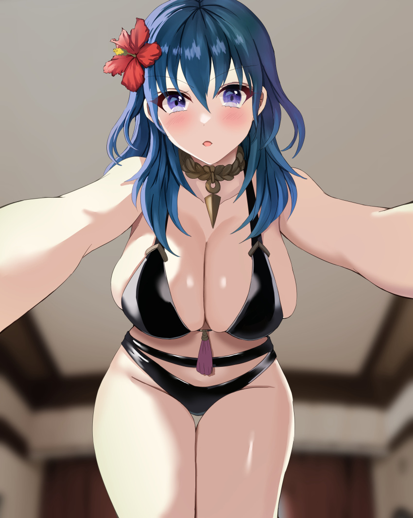 1girl 1girl 1girl alluring alternate_costume bare_thighs big_breasts bikini black_bikini black_swimsuit blue_eyes byleth_(fire_emblem) byleth_(fire_emblem)_(female) cleavage female_only fire_emblem fire_emblem:_three_houses fire_emblem_heroes flower hair_flower hugging looking_at_viewer medium_hair nintendo official_alternate_costume pov pov_hug reaching_out sideboob swimsuit tara_(szzj7733) teal_hair thighs