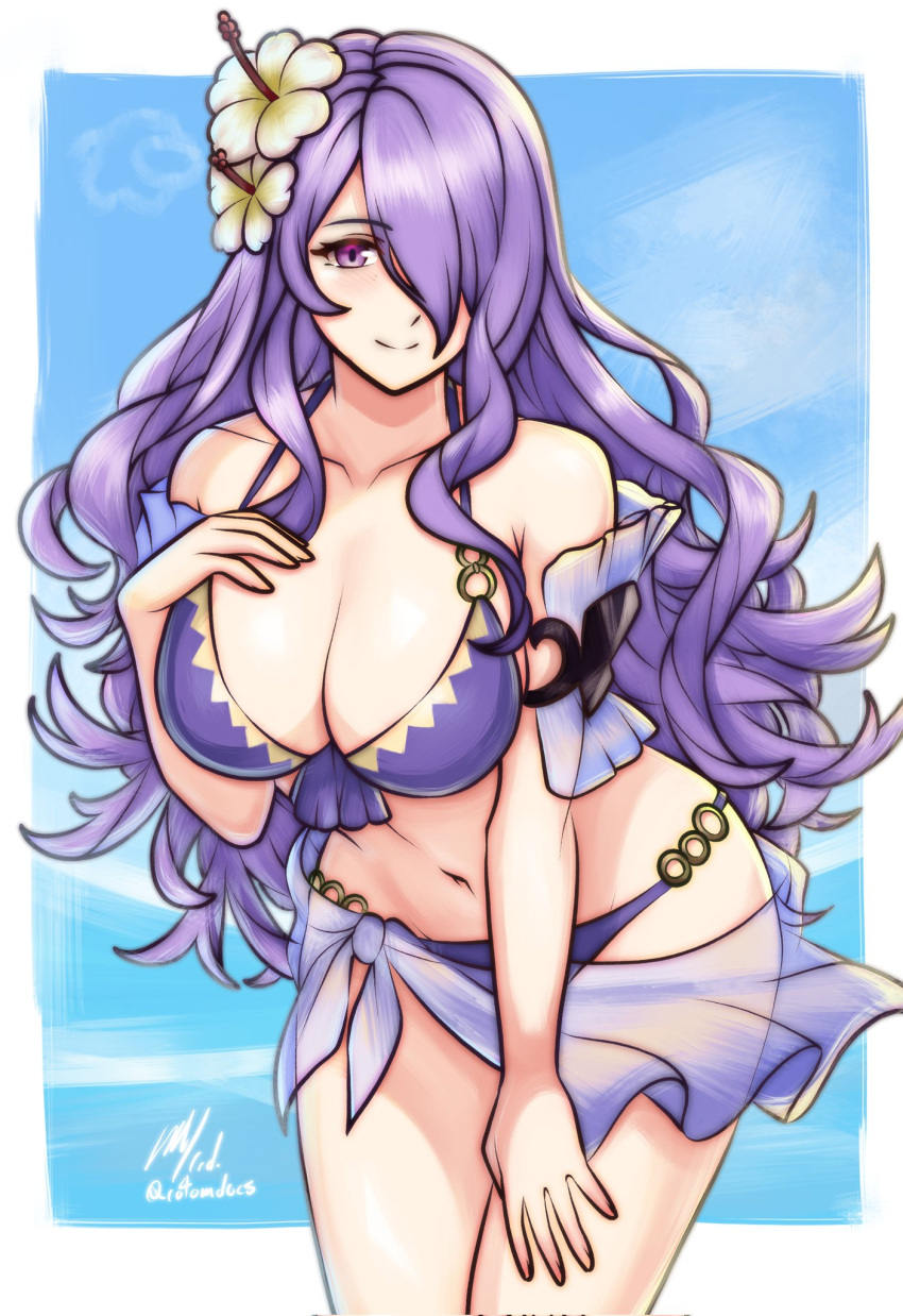 1girl 1girl 1girl alluring big_breasts camilla_(fire_emblem) camilla_(summer)_(fire_emblem) cleavage female_only fire_emblem fire_emblem_fates hair_over_one_eye looking_at_viewer nintendo purple_hair rotomdocs swimsuit