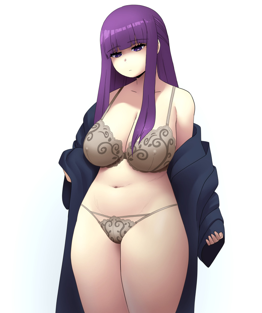 1girl 1girl 1girls absurd_res bangs big_breasts bra coolerinker emotionless expressionless fern_(sousou_no_frieren) high_res inker_comics inkershike long_hair navel panties purple_eyes purple_hair sousou_no_frieren standing thick thick_thighs thighs underwear