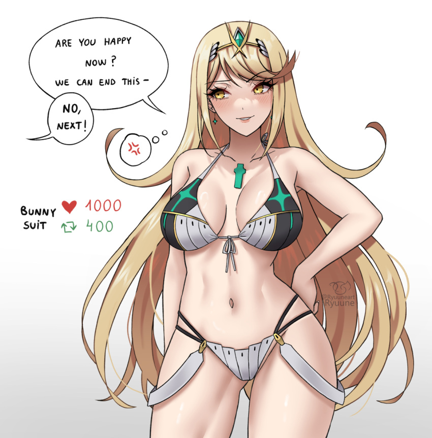 1girl 1girl adapted_costume alluring bare_shoulders big_breasts bikini blonde_hair blush commentary core_crystal_(xenoblade) earrings english_commentary english_text headpiece jewelry long_hair meme mythra nintendo ryuuneart swept_bangs swimsuit tiara twitter_strip_game_(meme) very_long_hair xenoblade_(series) xenoblade_chronicles_2 yellow_eyes