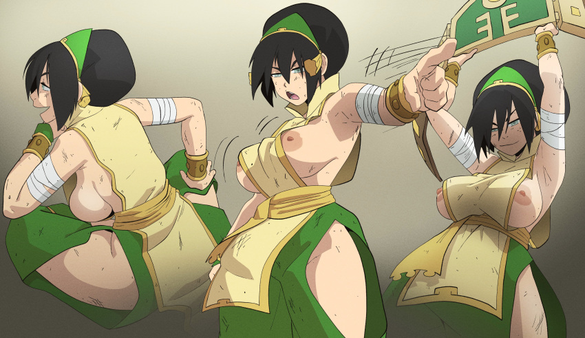 1girl 1girls 2024 after_fight aged_up avatar:_the_last_airbender avatar_legends big_breasts black_hair body_marks breasts casual casual_exposure championship_belt clothing coolerinker dirty exposed_breasts female_focus female_only green_eyes human inker_comics inkershike nickelodeon nipples pale_skin short_hair sideboob thick_thighs thighs tomboy toph_bei_fong victory_pose wardrobe_malfunction wrestling_belt