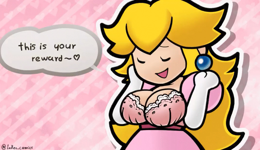 1girl 1girls 2d 2d_animation accurate_art_style big_breasts blonde_hair bouncing bouncing_breasts bra breasts breasts_out cleavage closed_eyes clothing coolerinker crown dress elbow_gloves english_text exposed_breasts eyebrows_visible_through_hair female_only gif gloves heart huge_breasts human human_only inker_comics inkershike long_hair mario_(series) nintendo paper_peach pearl_earrings pink_dress presenting presenting_breasts princess_peach pulled_by_self reward solo_female spoken_heart super_mario_bros. undressing undressing_another white_gloves