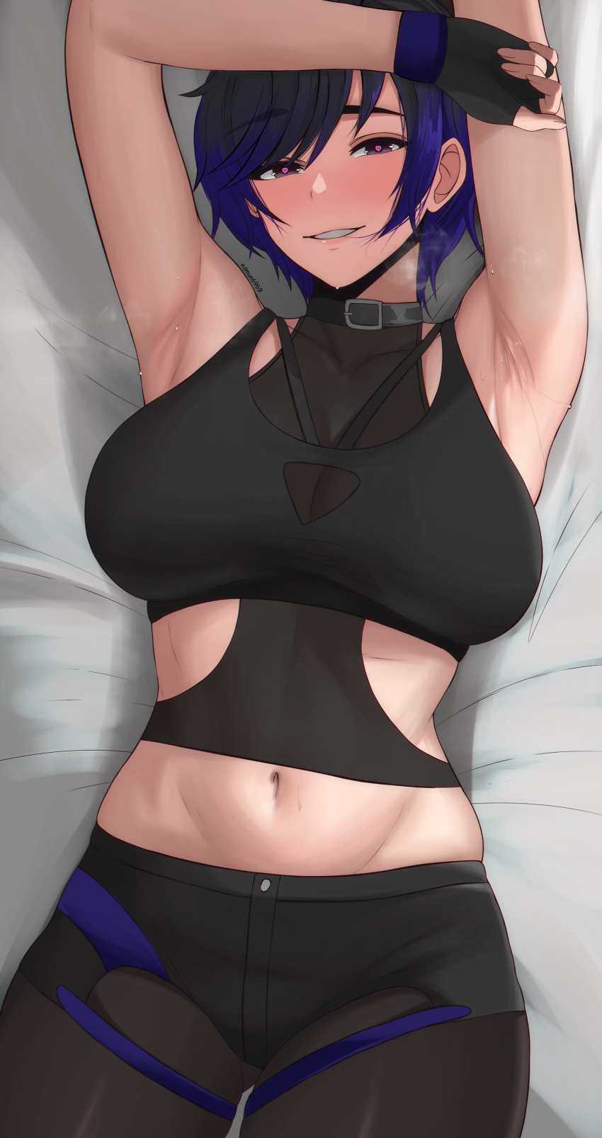 1girl abs athletic_female bed bedroom big_breasts black_and_purple_hair edmun female_abs female_only fit_female fully_clothed heart-shaped_pupils light-skinned_female looking_at_viewer namco navel reina_(tekken) steam steaming_body sweat tekken tekken_8