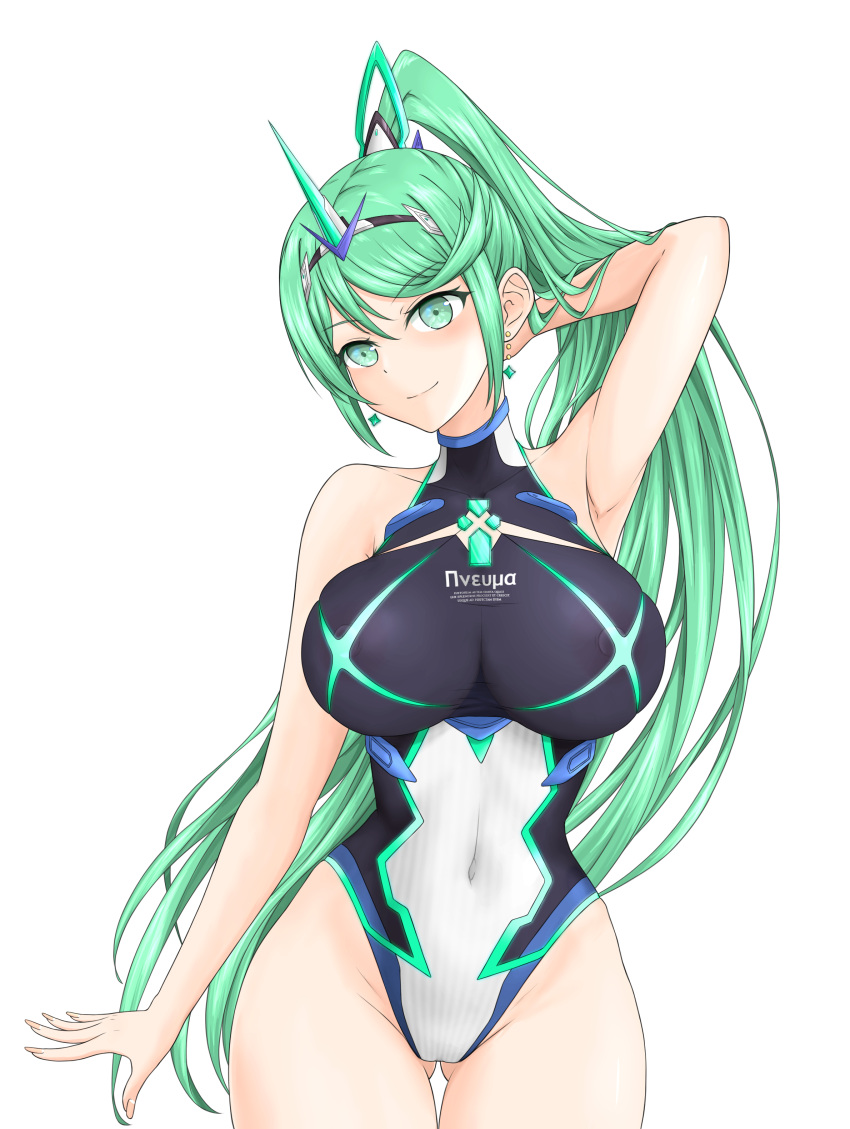 1girl absurd_res alluring bare_legs big_breasts chest_jewel competition_swimsuit covered_erect_nipples covered_navel feichu_keju gem greek_text green_eyes green_hair high_res impossible_clothes impossible_swimsuit long_hair nintendo one-piece_bikini pneuma_(xenoblade) ponytail simple_background swept_bangs swimsuit tiara very_long_hair white_background xenoblade_(series) xenoblade_chronicles_2