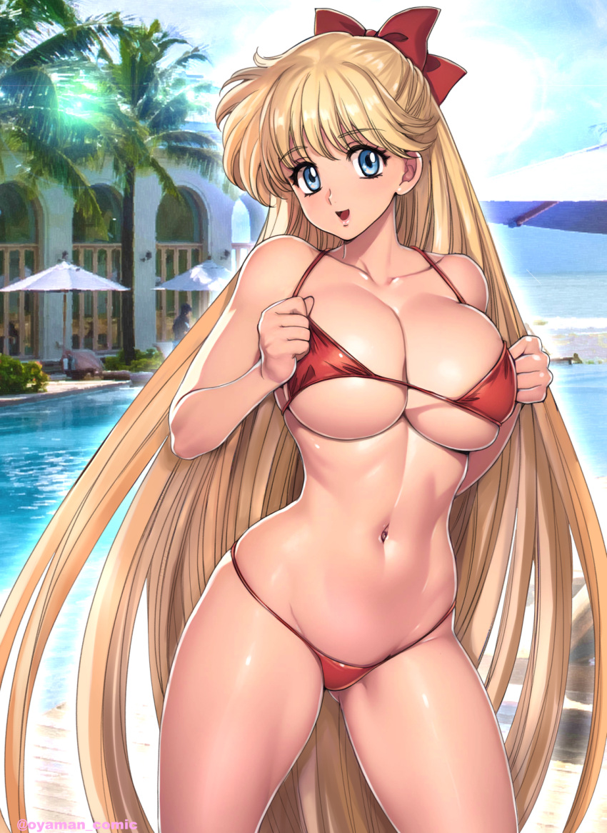 1girl aino_minako alluring bare_arms bare_shoulders big_breasts bikini bishoujo_senshi_sailor_moon blonde_hair blue_eyes bowbreasts_squeezed_together collarbone commentary_request contrapposto cowboy_shot day hair_bow halterneck high_res long_hair looking_at_viewer navel outside oyaman palm_tree parasol parted_lips photo_background pool poolside red_bikini red_bow smile standing stomach string_bikini swimming_pool swimsuit tree twitter_username umbrella under_boob very_long_hair water