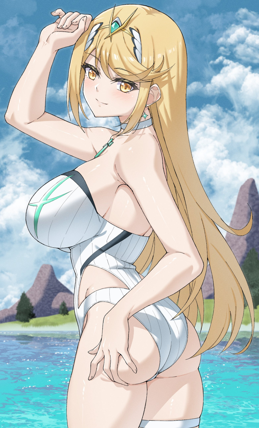 1girl alluring ass big_breasts bikini blonde_hair core_crystal female_only looking_back_at_viewer mythra mz mzrz nintendo one-piece_bikini pin_up sideboob xenoblade_(series) xenoblade_chronicles_2 yellow_eyes