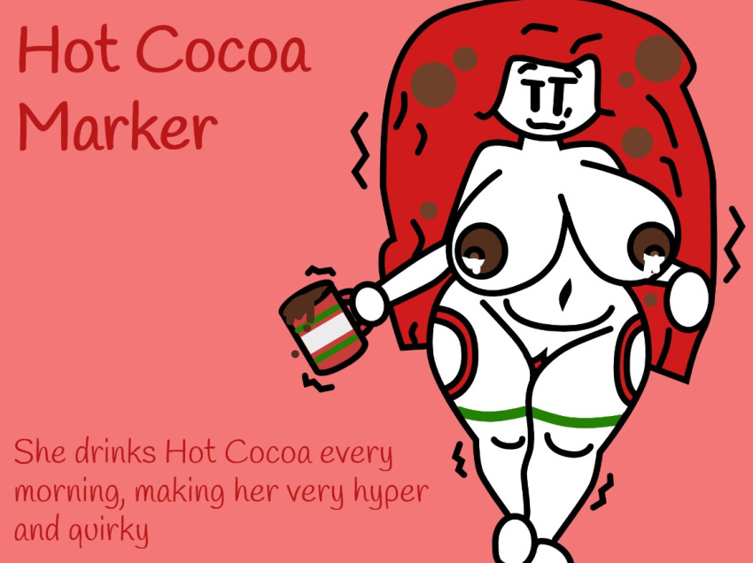 1girl big_ass big_breasts big_thighs brown_nipples english_text find_the_markers hot_cocoa hot_cocoa_marker_(find_the_markers) justmad9876_(artist) lactating lactation milk milking_breasts naked_female red_background red_hair shaking sleepy