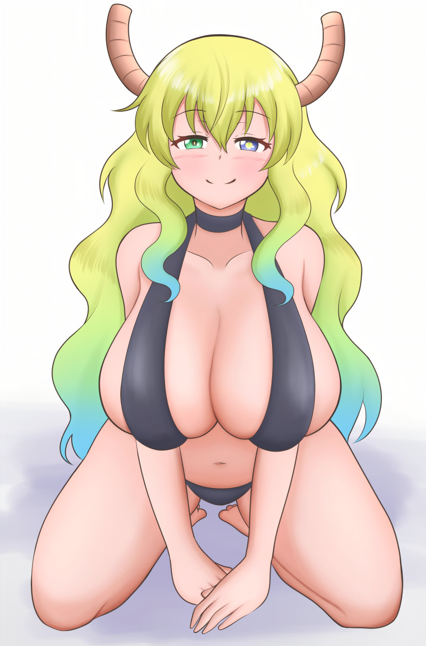 1girl big_ass big_breasts bikini blue_hair cute dragon_girl green_hair horns kiteman_(pixiv) long_hair lucoa_(maidragon) posing quetzalcoatl_(dragon_maid) seductive smile yellow_hair