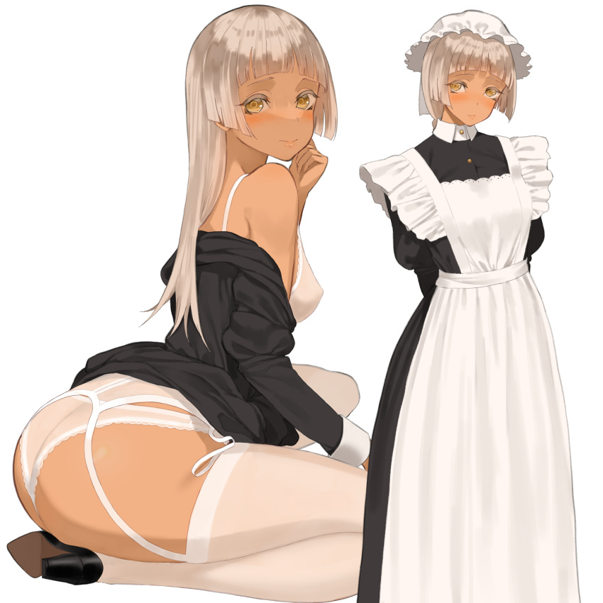 1girl big_breasts bubble_butt cleavage dark-skinned_female horny inviting_to_sex looking_at_viewer maid maid_uniform pose stockings teasing thick_thighs throtem undressing