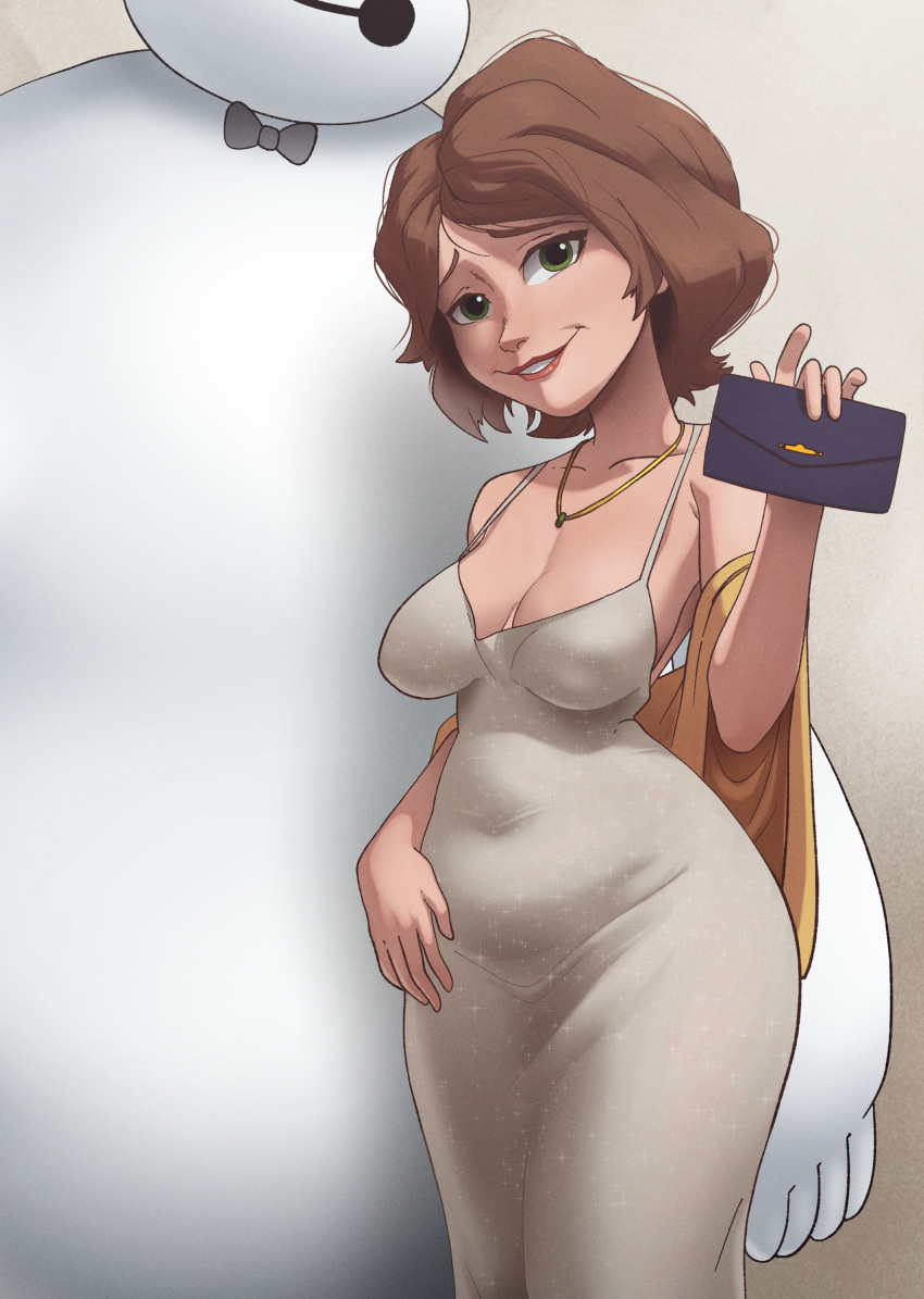 1girls aunt_cass baymax big_breasts big_breasts big_hero_6 brown_hair cass_hamada coolerinker disney dress grey_dress inker_comics inkershike marvel marvel_comics short_hair