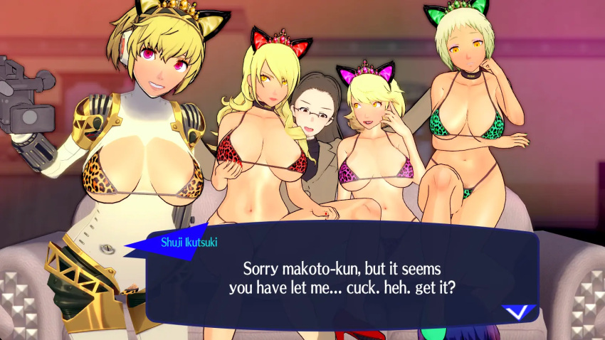 2boys 3d 4girls aegis_(persona) android animal_ears animal_print big_breasts bikini blonde_hair breasts camera choker couch english_text high_res ikutsuki_shuuji kirijou_mitsuru leopard_print leopard_print_bikini leopard_print_bra leopard_print_panties long_hair lordem multiple_boys multiple_girls netorare persona persona_3 short_hair swimsuit takeba_yukari text yamagishi_fuuka yuuki_makoto_(persona_3)