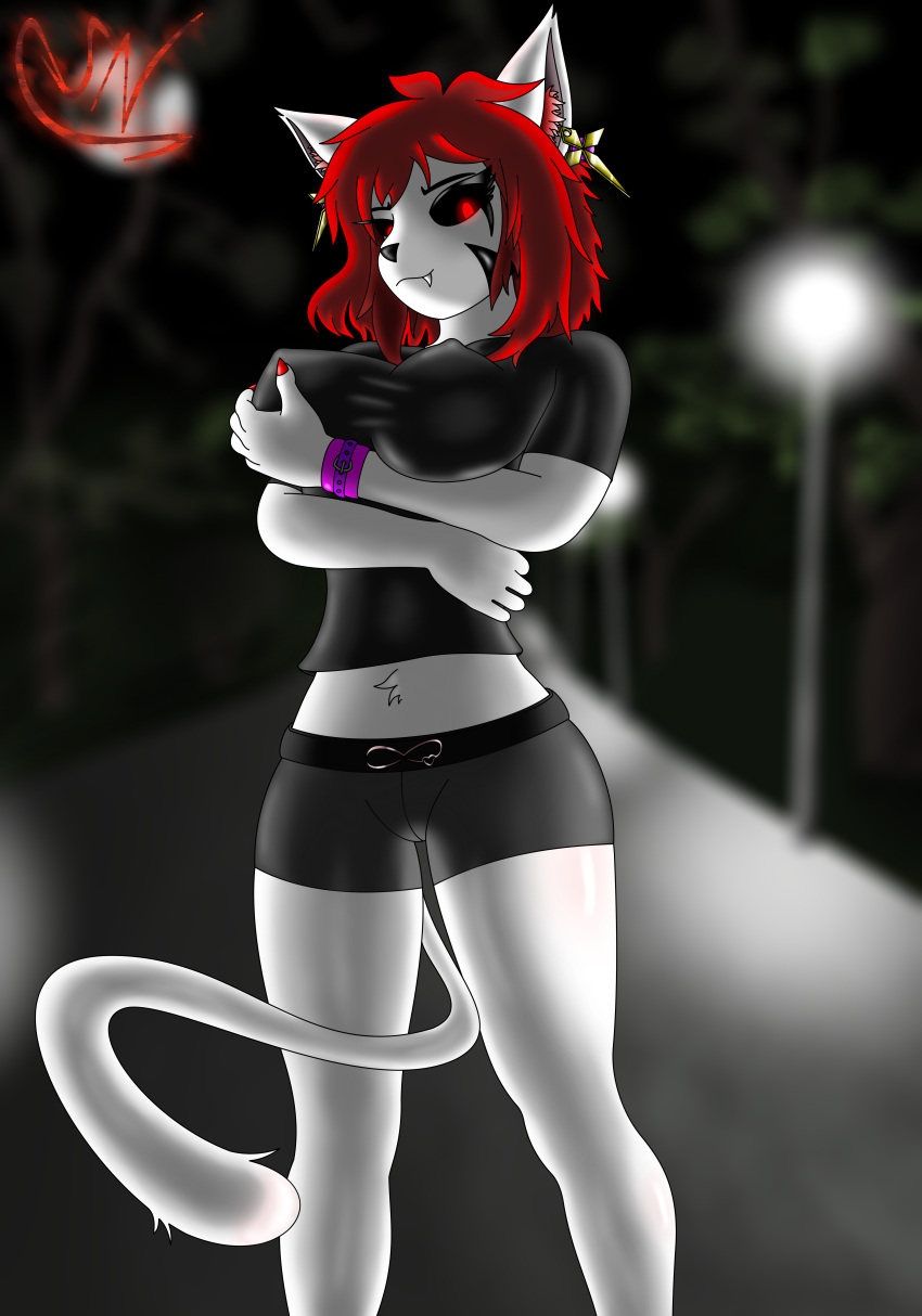 1girl 1girls anthro belly_tuft big_ass big_breasts big_earrings big_ears big_tail black_clothes black_clothing black_sclera black_shirt breasts cat_ears catgirl clothed clothing cute cute_fang digital_media_(artwork) ear_tuft earrings felid feline felis female_anthro female_focus female_only front_view fur furry furry_female furry_only glowing_eyes golden_earrings goth goth_furry goth_girl gray_pants gray_shorts grin groping_breasts high_res high_resolution hips hourglass_figure infie infie_(snfw) legs long_hair long_tail looking_at_viewer mammal marking markings markings_on_face mature mature_female mommy_kink nails night nipples nipples_visible_through_clothing non-human nose oc original original_character outside pink_wristband red_eyes red_hair red_nails shiny_clothes shiny_hair shiny_thighs shorts smile smiling_at_viewer snfw snfw_(artist) solo_female tail tail_between_legs tattoo teen teenage_girl teeth thick thick_legs thick_thighs thighs tight_clothing touching_breast touching_own_breast very_high_resolution watermark white_fur white_skin white_tail woman_only