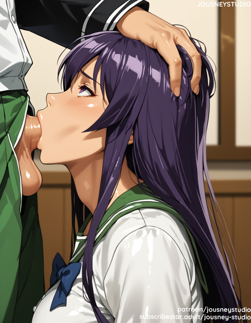 1boy 1girl 1girl ai_generated bangs big_breasts black_hair blush bow bowtie breasts busujima_saeko clothed_female clothed_female_nude_male clothing deepthroat erection fellatio green_pants hair_ornament hand_on_another's_head head_grab hetero high_school_of_the_dead indoors irrumatio jousneystudio large_penis lips long_hair long_sleeves looking_up male oral pants penis pleated_skirt purple_eyes purple_hair saeko_busujima sailor_collar school_uniform serafuku sex shirt skirt solo_focus testicle uniform veins white_shirt