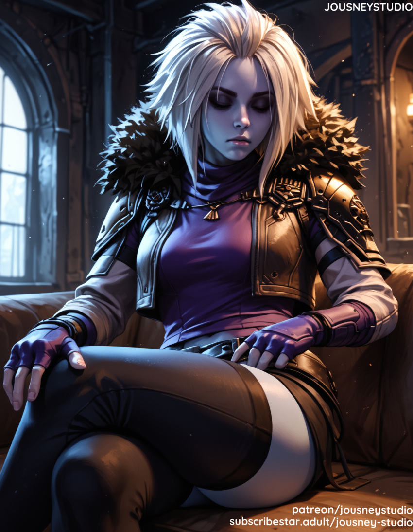 1girl 1girl 1girl ai_generated armor bangs big_breasts black_gloves black_legwear black_thighhighs blonde_hair breasts cape closed_mouth clothing couch cropped_jacket crossed_legs destiny_(game) destiny_2 facing_viewer female_only fingerless_gloves forehead fur_collar fur_trim gloves indoors jacket jewelry jousneystudio legwear lips long_sleeves looking_at_viewer mara_sov medium_breasts necklace parted_lips shirt short_hair sitting sleeping sleeping_upright stockings thighs white_hair window