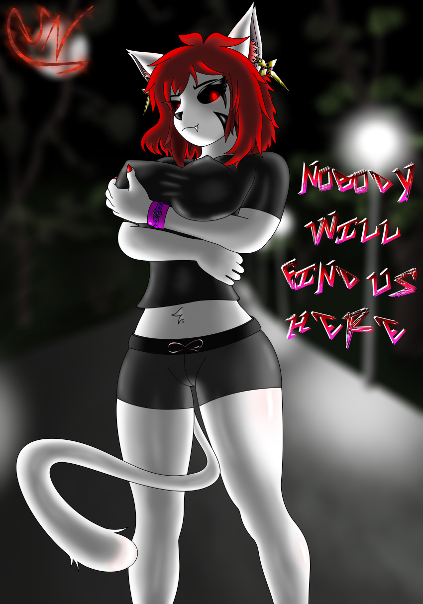 1girl 1girls anthro belly_tuft big_ass big_breasts big_earrings big_ears big_tail black_clothes black_clothing black_sclera black_shirt breasts cat_ears catgirl clothed clothing cute cute_fang digital_media_(artwork) ear_tuft earrings english_text felid feline felis female_anthro female_focus female_only front_view fur furry furry_female furry_only glowing_eyes golden_earrings goth goth_furry goth_girl gray_pants gray_shorts grin groping_breasts high_res high_resolution hips hourglass_figure infie infie_(snfw) legs long_hair long_tail looking_at_viewer mammal marking markings markings_on_face mature mature_female mommy_kink nails night nipples nipples_visible_through_clothing non-human nose oc original original_character outside pink_wristband red_eyes red_hair red_nails shiny_clothes shiny_hair shiny_thighs shorts smile smiling_at_viewer snfw snfw_(artist) solo_female tail tail_between_legs talking talking_to_viewer tattoo teen teenage_girl teeth thick thick_legs thick_thighs thighs tight_clothing touching_breast touching_own_breast very_high_resolution watermark white_fur white_skin white_tail woman_only