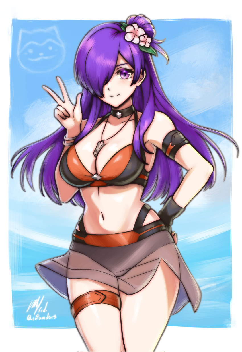 1girl alluring big_breasts bikini black_bikini breasts choker cleavage fire_emblem fire_emblem:_three_houses fire_emblem_engage fire_emblem_heroes fire_emblem_warriors:_three_hopes flower hair_flower hair_ornament hair_over_one_eye halterneck hand_on_own_hip high_res looking_at_viewer navel nintendo purple_eyes purple_hair rotomdocs see-through_clothes see-through_skirt shez_(fire_emblem) shez_(fire_emblem)_(female) shez_(summer)_(fire_emblem) skirt smile sommie_(fire_emblem) swimsuit thigh_strap v